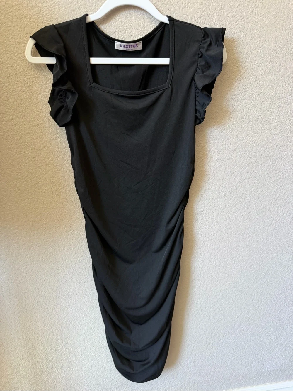 NWOT Girls' Black Ruched Square-Neck Dress with Flutter Sleeves, 13-14 yrs old